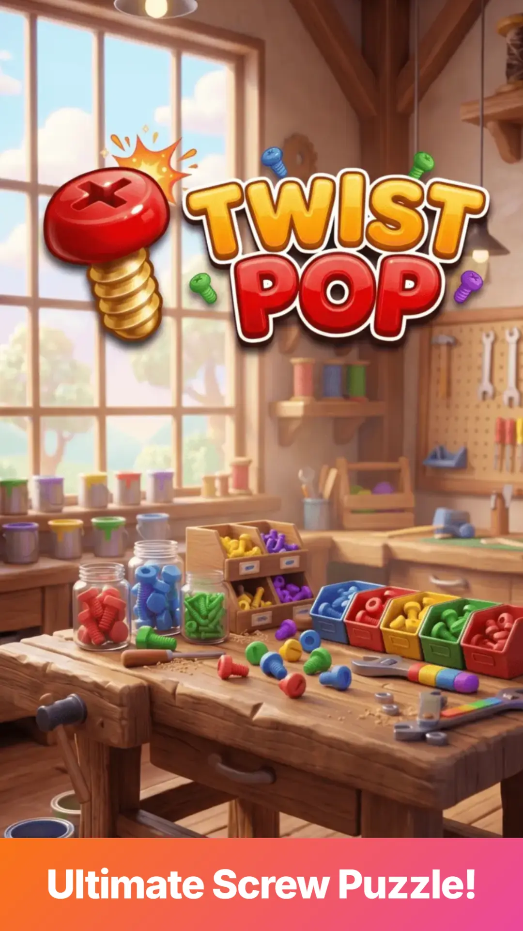 Twist Pop Cover Art, a workshop bench covered in jars of colored screws