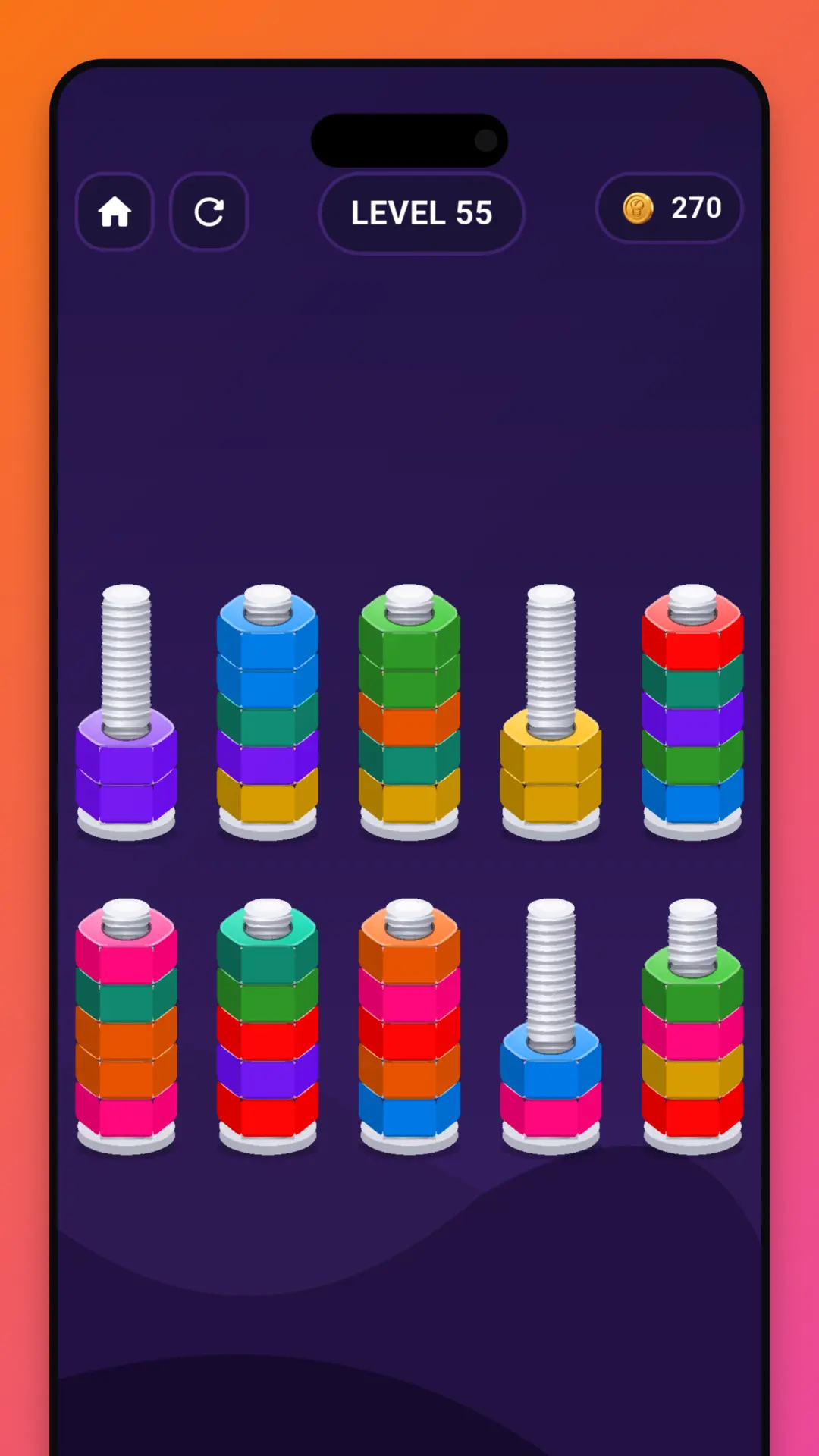 Twist Pop Stack-Sort level 55 with a ten-rod, eight-color board