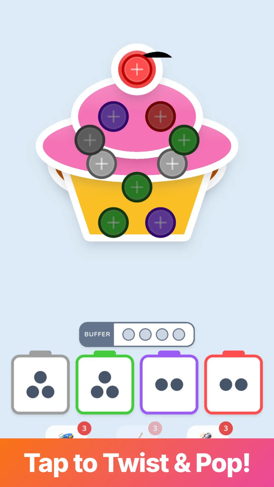Twist Pop Painter Gallery cupcake object with color boxes and a buffer row
